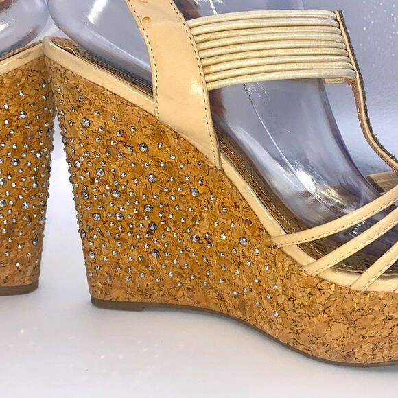 ✨ Italina Cream & Brown Embellished Wedge Sandals with Cork Platform✨GUC✨ - Picture 7 of 17